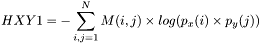 \[HXY1=-\sum_{i,j=1}^{N}M(i,j)\times log(p_x(i)\times p_y(j))\]